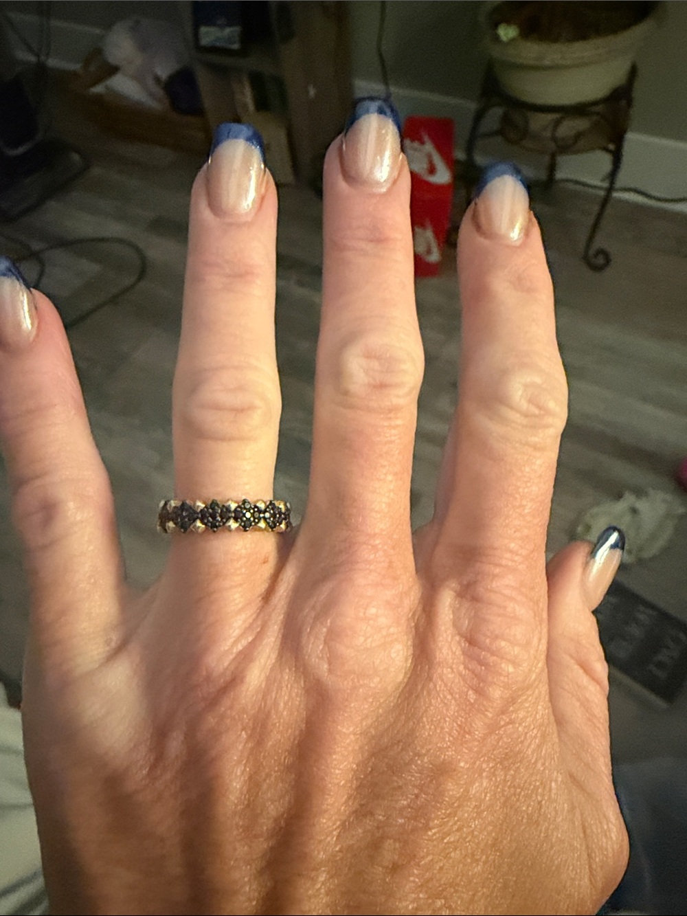Gold Band Ring with Black Stone Accents - Women's Elegant Stackable Ring